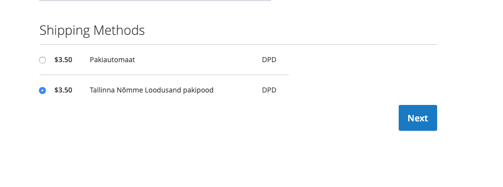DPD tarneviisi valik Magento e-poe kassas – Eesti pakiautomaadid