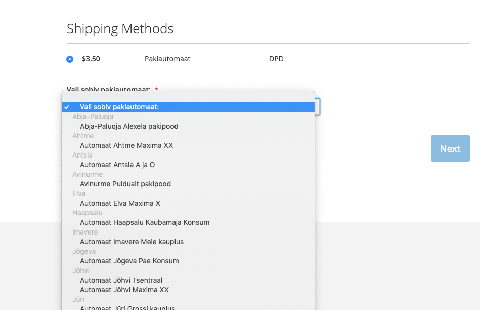 DPD tarneviisi valiku tegemine Magento e-poe kassas – Eesti pakiautomaadid
