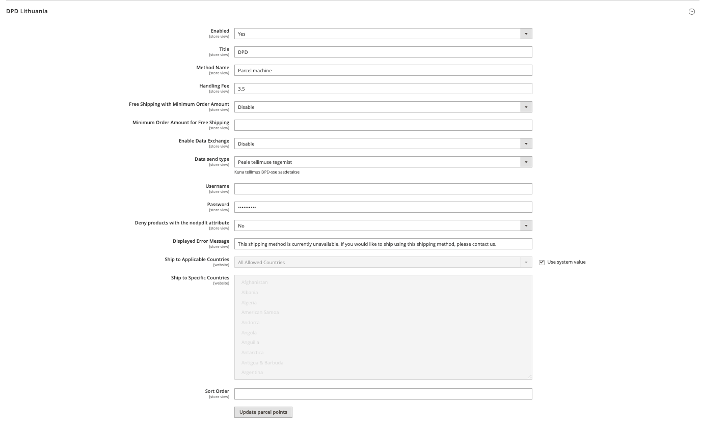 DPD Leedu mooduli seadistus Magento halduses
