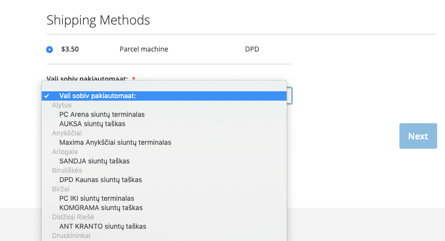 Magento kassa vaade DPD Leedu pakiautomaatide valikuga