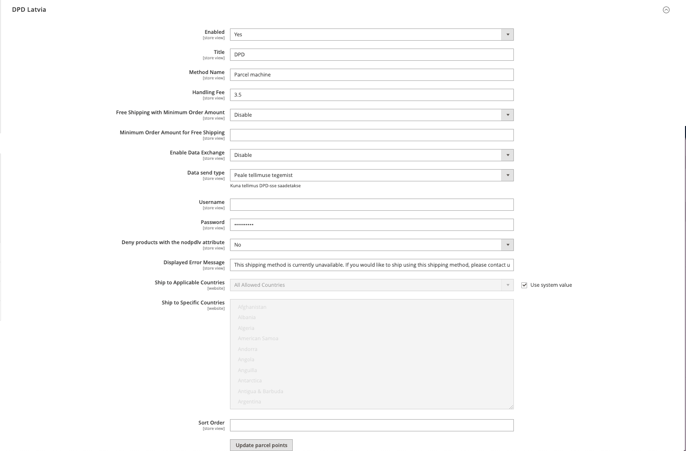 Magento 2 DPD Läti pakiautomaatide mooduli seadistused