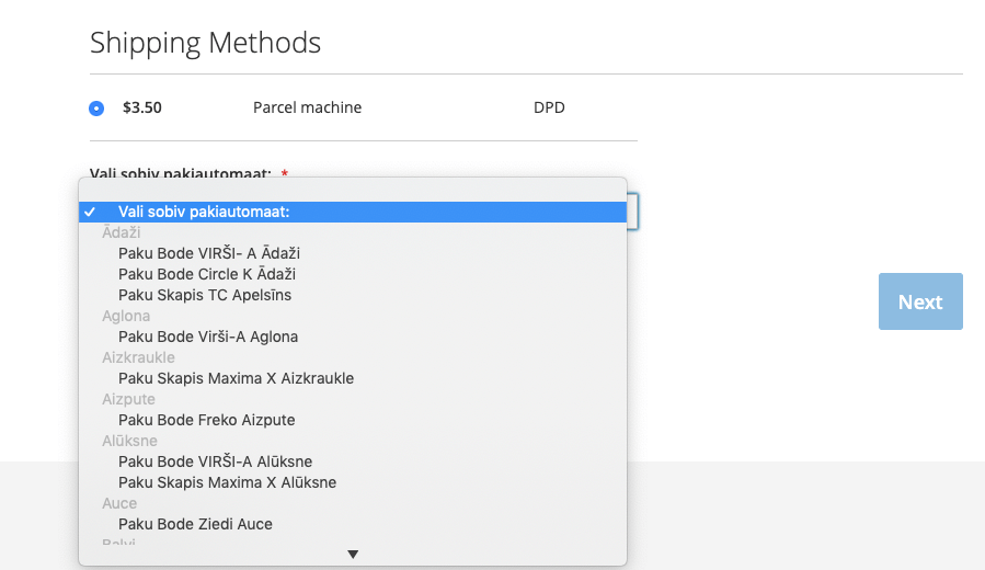 DPD tarneviisi valik Magento e-poe kassas – Läti pakiautomaadid