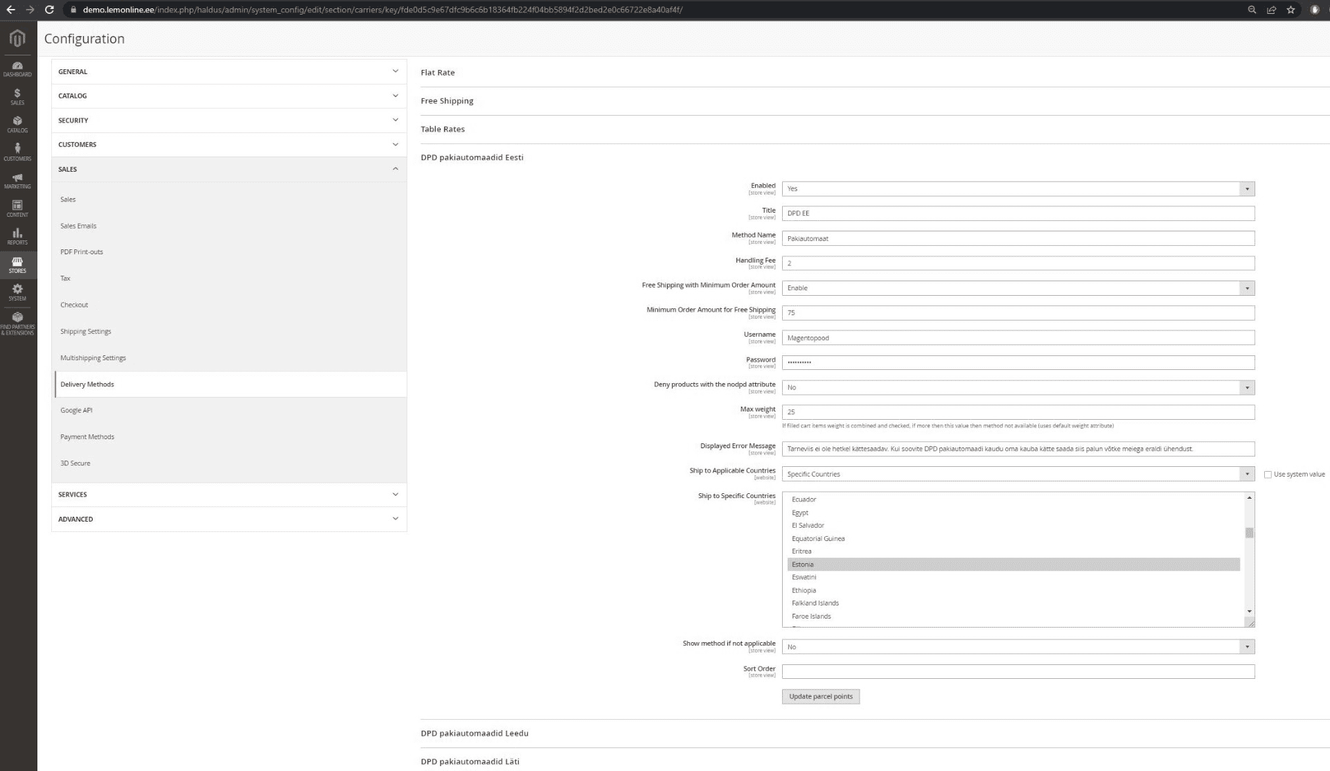 Magento 2 DPD Eesti pakiautomaatide mooduli seadistused
