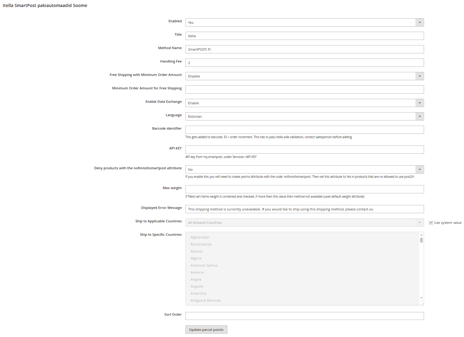Magento 2 SmartPOST Soome mooduli seadistused ja API võtme sisestamine