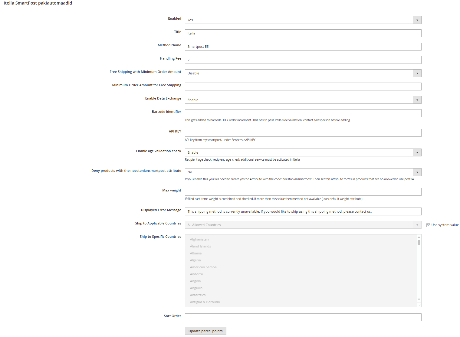Magento 2 SmartPOST mooduli seadistused Eesti jaoks