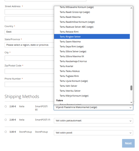 Magento kassa vaade SmartPOST Eesti terminalide valikuga