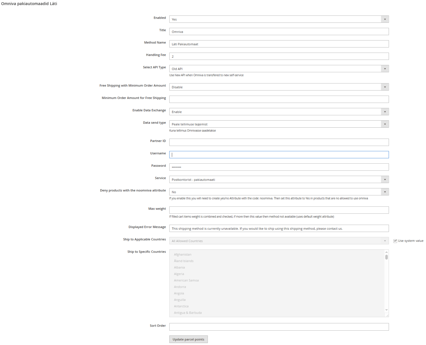 Magento 2 adminpaneel – Omniva Läti mooduli seaded