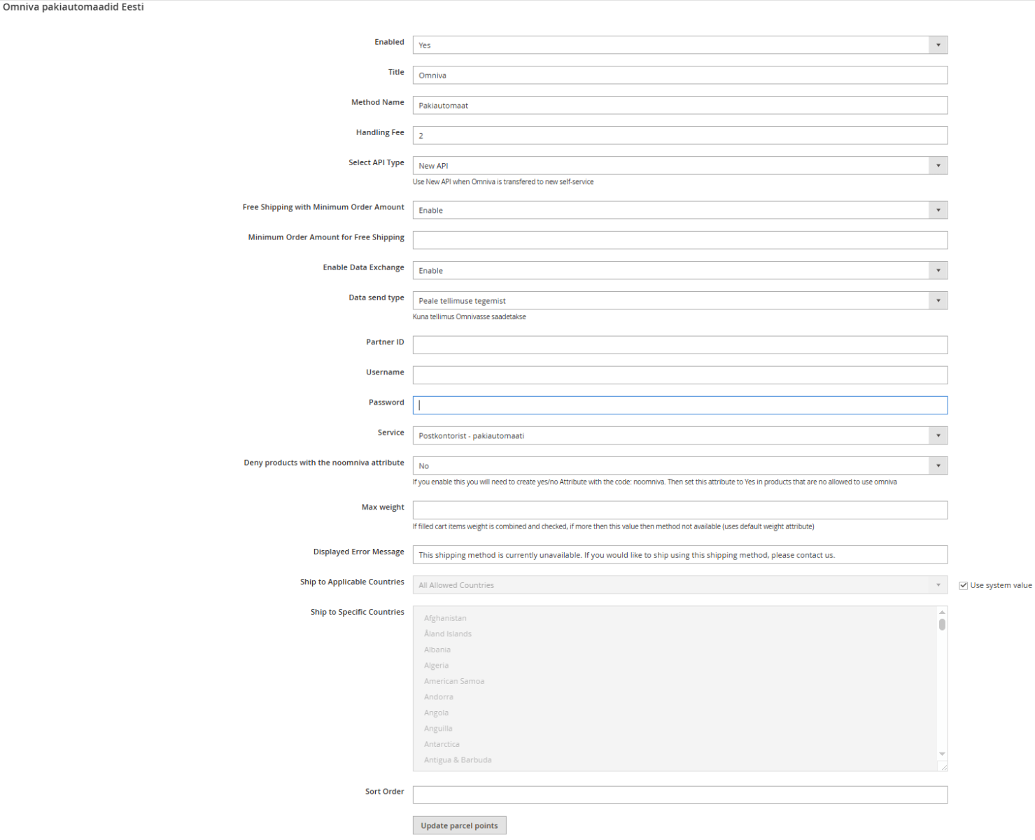 Omniva Eesti pakiautomaatide mooduli seadistamine Magento 2 adminpaneelis