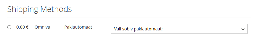 Omniva Eesti pakiautomaatide moodul Magento 2 jaoks – tarneviisi kuva kassas
