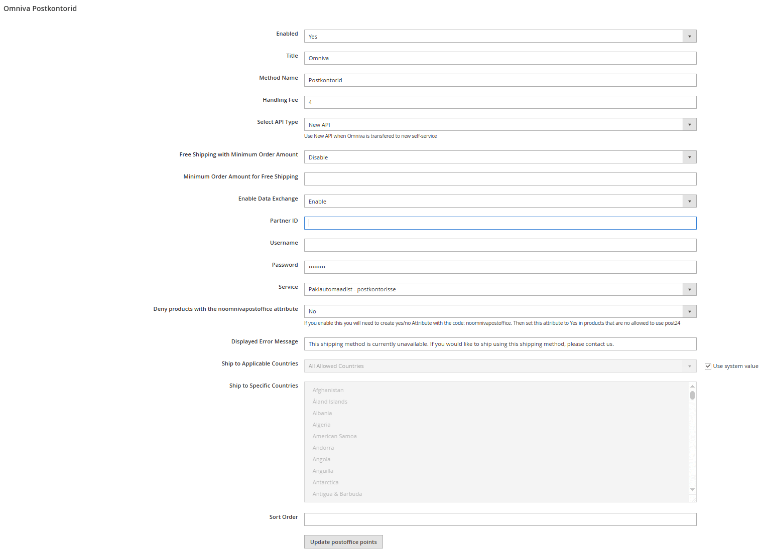Magento admin vaade Omniva postkontori moodulile