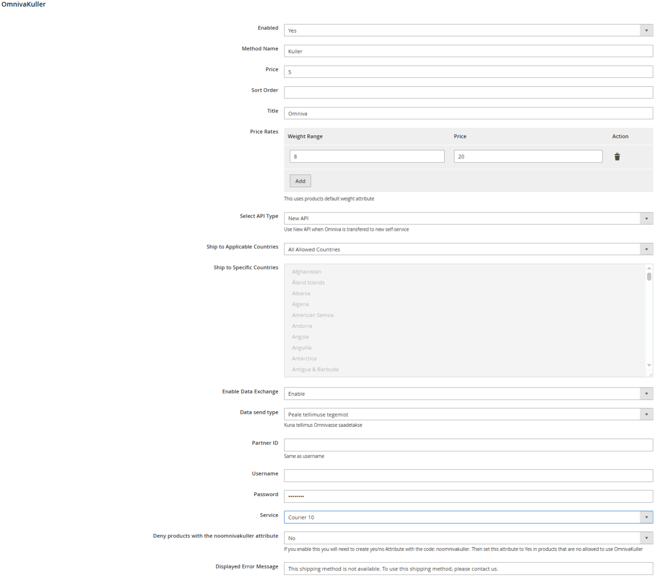 Magento admin vaade Omniva kullerimooduli seadistustega