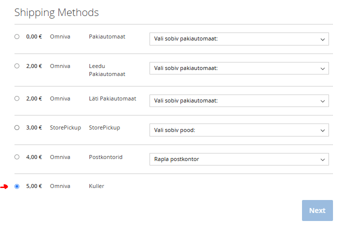 Magento kassa vaade Omniva kulleri tarneviisiga