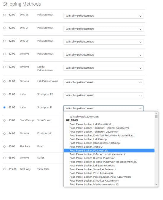 Magento kassa vaade Soome SmartPOST terminalidega